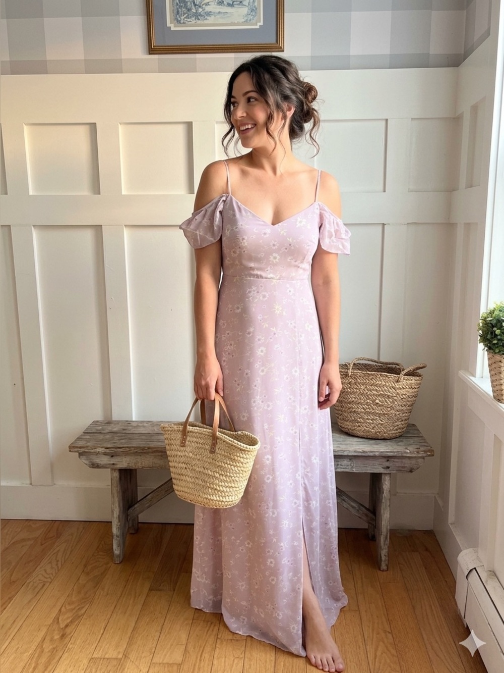 Birdy Grey Blush Pink Floral Cold-Shoulder Maxi Dress XS